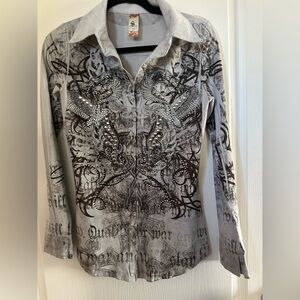 S-Twelve Gray Button Down w/Blk Tattoo Script n Sequin/Stud Details Size M